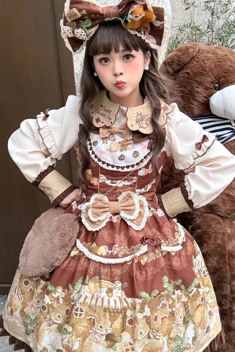 Squirrel Chocolate Shop Lolita JSK Dress with Blouse - Ruffled Bow Print