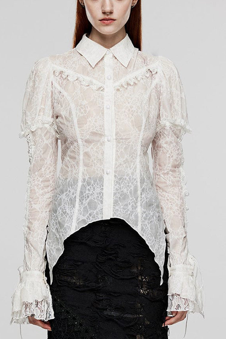 Gothic Lace Blouse with Lapel Collar and Stitched Print, Long Sleeves, Two Variants - DarkRomance