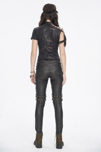 Graphic Spaghetti-Strap Punk Top with Buckle Accents