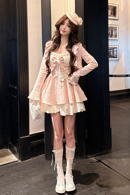 Blush Square Collar Long-Sleeve Printed Ruffle Bow Dress with Cardigan - Honeyed Blossoms