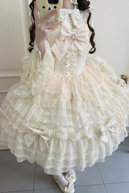 Sweet Princess Lolita Gown with Layered Bows & Lace Accents in Cream