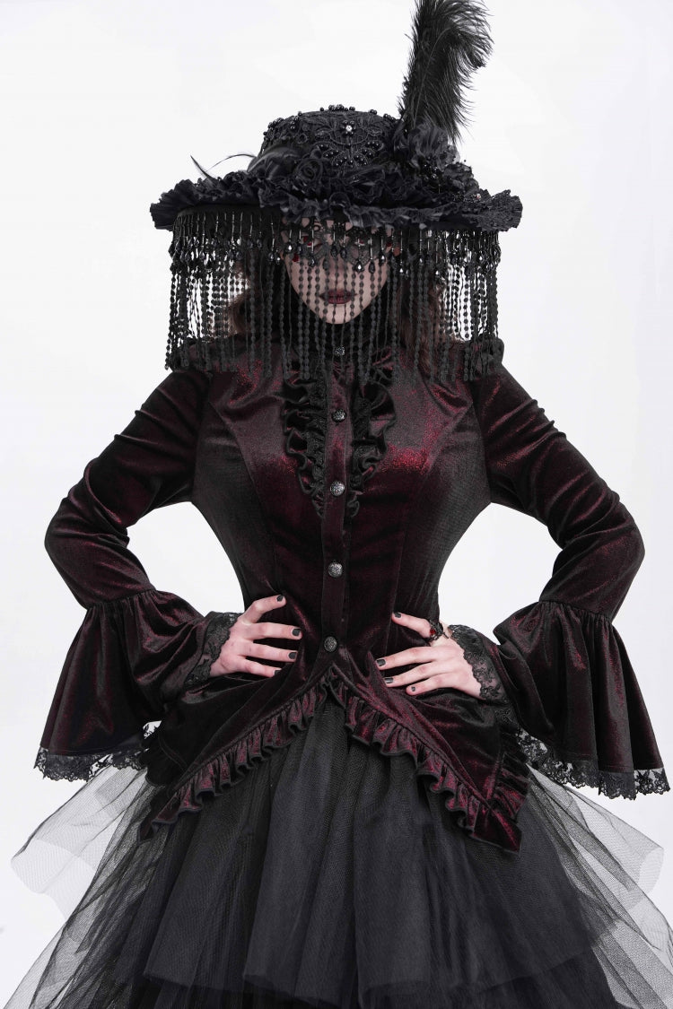 Crimson High-Neck Gothic Ruffled Blouse with Flared Sleeves and Tail Hem