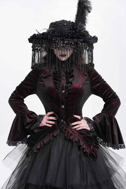 Crimson High-Neck Gothic Ruffled Blouse with Flared Sleeves and Tail Hem