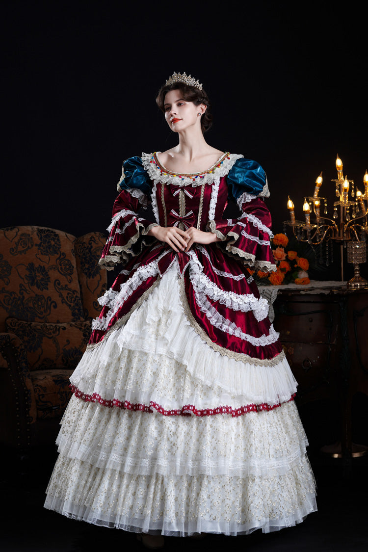 Victorian Palace Dress with Hime Sleeves, Triple Ruffles, and Bow Front in Wine/Ivory - RegalVintage