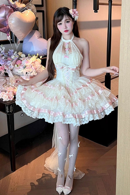 Sweet Princess Lolita Frocks with Halterneck Ruffles & Lace-Up Bows in Cream