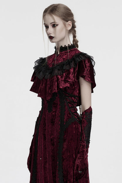 Crimson Sleeveless Gothic Cape with Ruffled Lace Trim