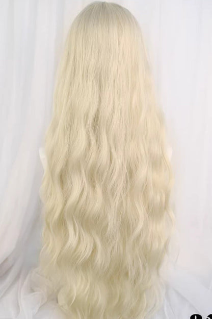 Sweet Lolita Wig with Long Curly Hair & Gold Curtain Bangs, Cream
