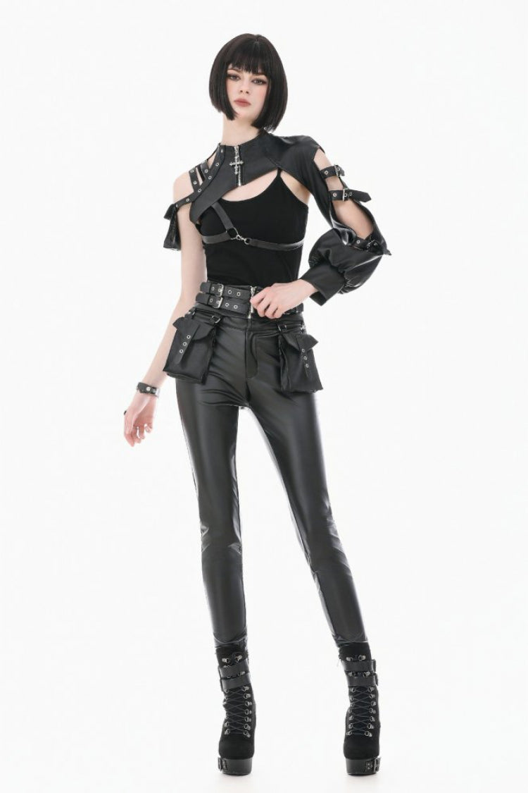 Women's Punk Leather Belt with Eyelet Buckle, Zipper and Side Pouches