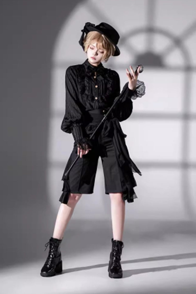 Medieval Ouji Lolita Blouse and Knee-Length Shorts Set in Black
