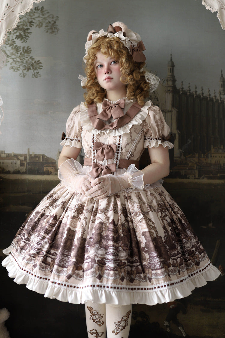 Teddy Bear Party Round Collar Printed Sweet Lolita Dress - Ruffled Bow
