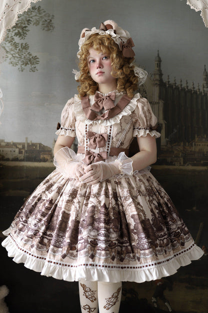 Teddy Bear Party Round Collar Printed Sweet Lolita Dress - Ruffled Bow