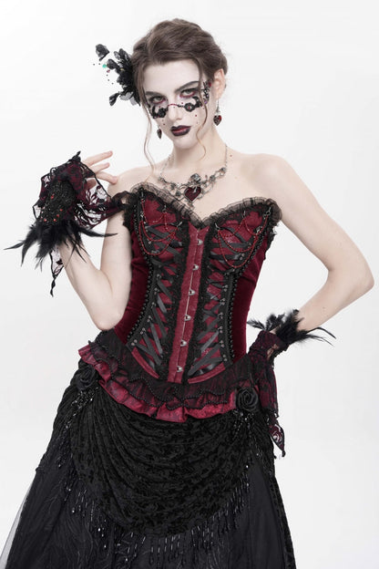 Crimson Gothic Overbust Corset with Beaded Lace and Lace-Up Back
