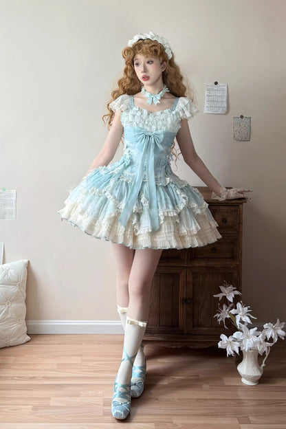 Emerald Short Sleeve Multi-Layer Ruffle Embroidery Bow Lace-Up Sweet Elegant Ballet Lolita Jumper Dress