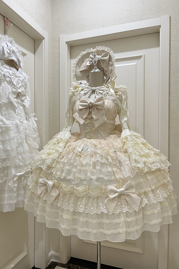 Sweet Princess Lolita Gown with Layered Bows & Lace Accents in Cream