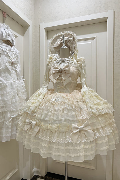 Sweet Princess Lolita Gown with Layered Bows & Lace Accents in Cream