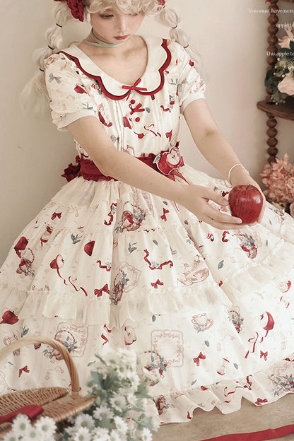 Ivory Apple Tea Print Short-Sleeve Country Ruffle Bow Sweet Lolita Dress Plus Size