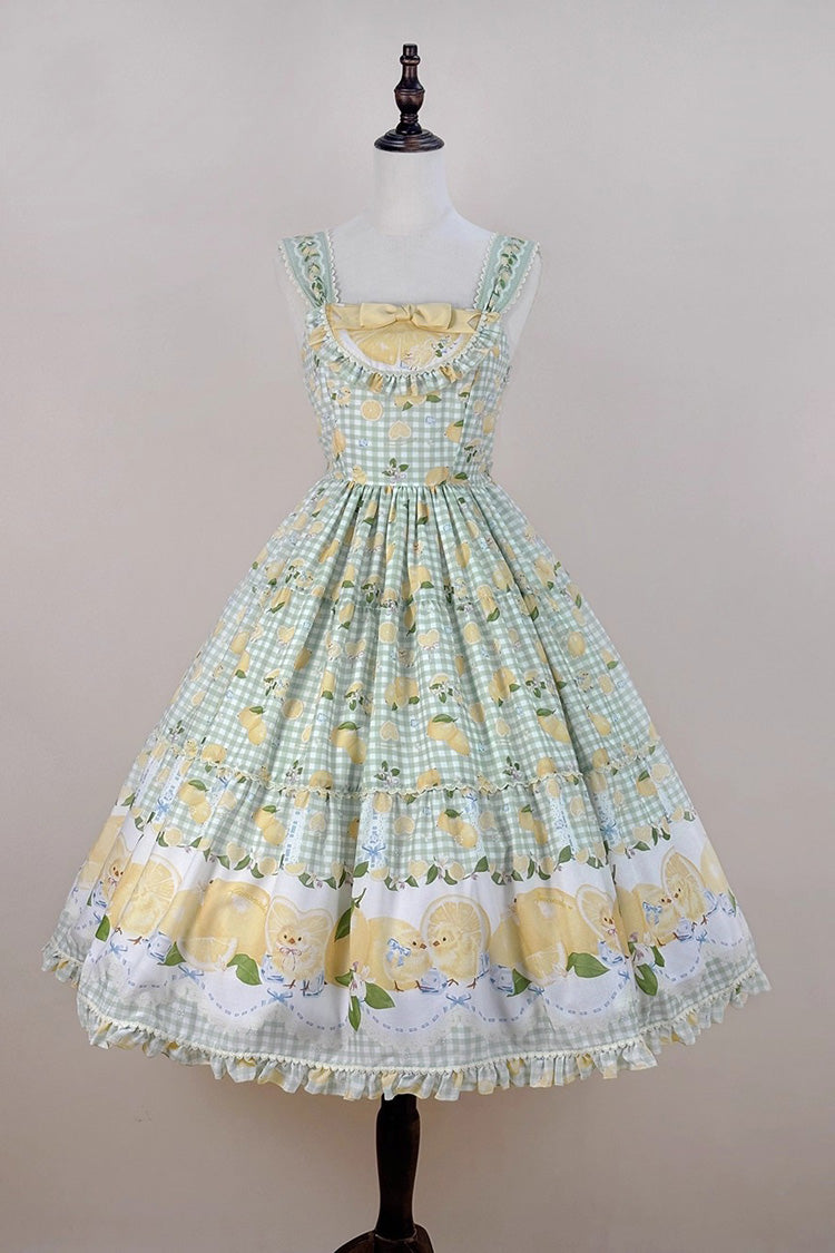 Emerald Lemon Chicken Printed Ruffle Bow Lace Long JSK Dress