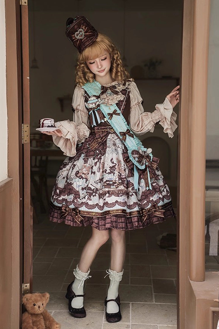 Teddy Bear Chocolate Ruffle Bow Sweet Lolita JSK Dress - Sleeveless Print