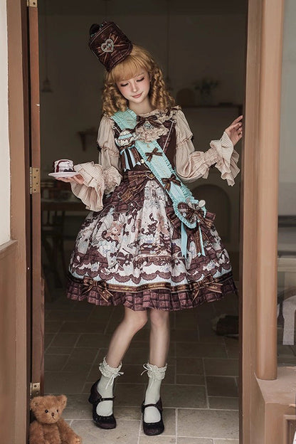 Teddy Bear Chocolate Ruffle Bow Sweet Lolita JSK Dress - Sleeveless Print