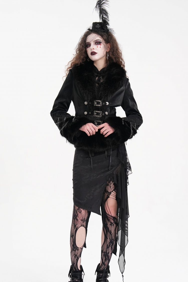 Women's Gothic Jacket with Faux Fur Trim, Chain and Buckle-Up Design