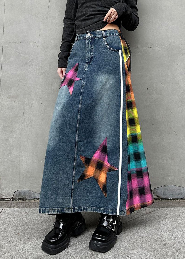 Patchwork Denim Rose Modern Waist Skirts Asymmetrical Elastic