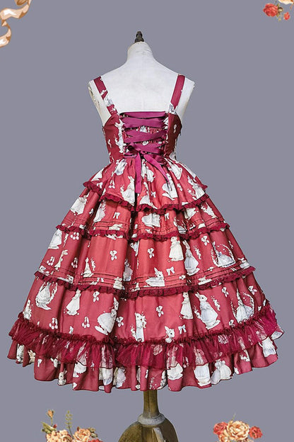 Multi-Layer Ruffle Sweet Elegant Lolita JSK Dress with Rabbit Dance Print - 4 Colors