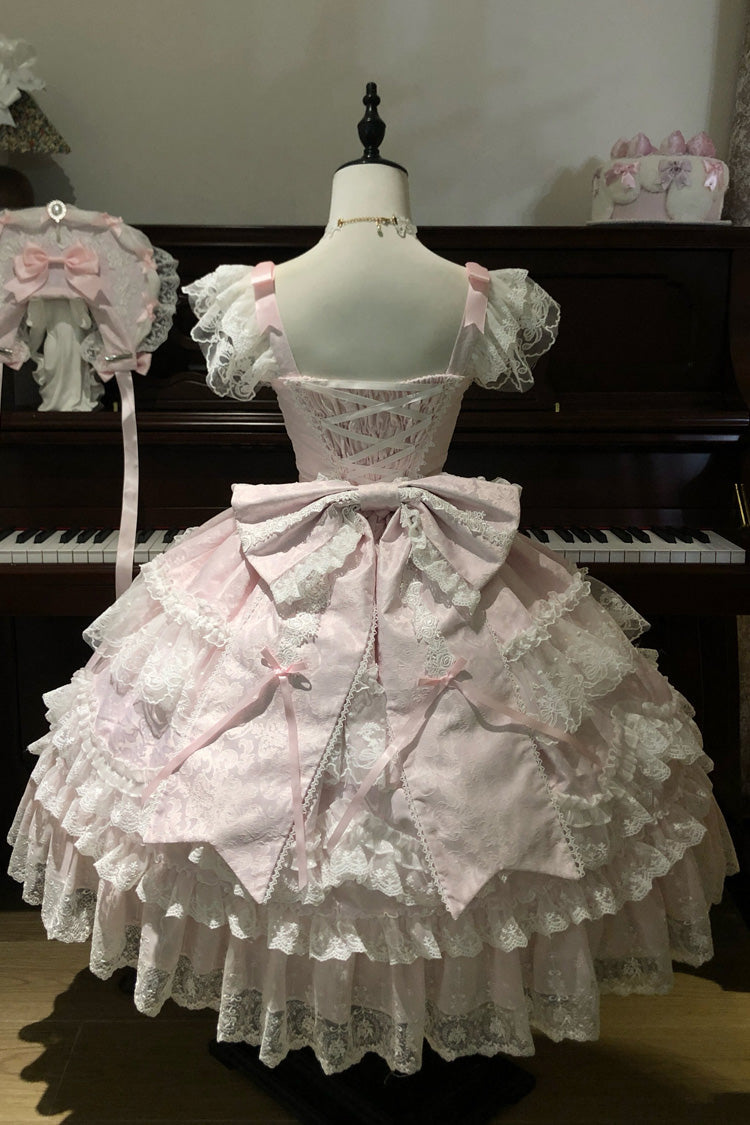 Blush Square Collar Embroidered Lace JSK with Bow
