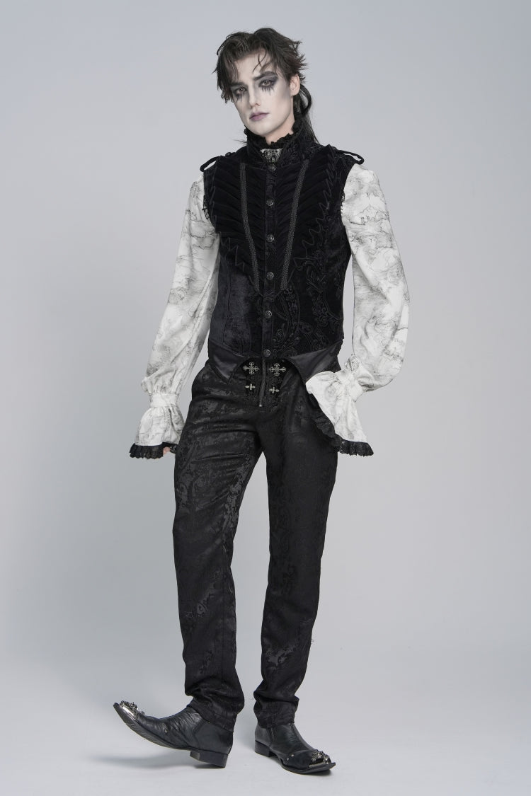Men's Black Gothic Vest, Jacquard with Embroidery, Buckles and Pleats