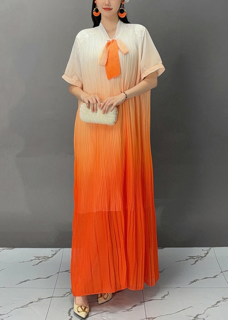 Stilvolles orangefarbenes, faltiges Maxikleid mit Schleife für den Sommer AJ1021 