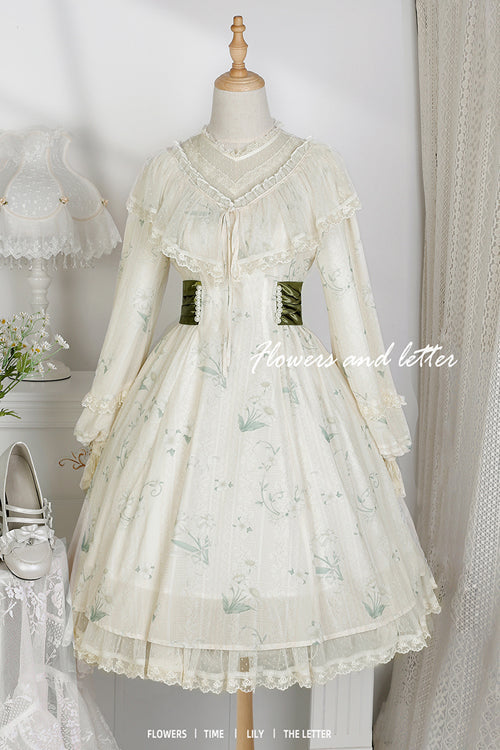 Floral Print Sweet Lolita OP Dress with Ruffled Lantern Sleeves & Lace Round Collar, Cream