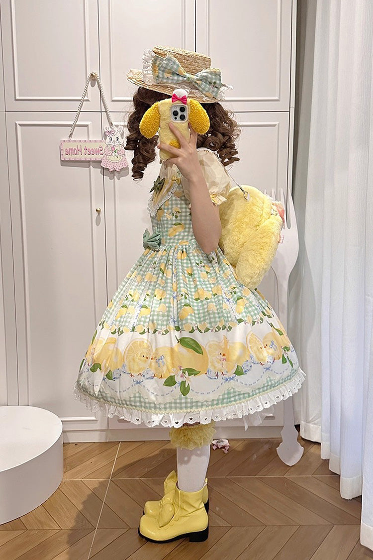 Emerald Lemon Chicken Print Ruffle Bowknot Sweet JSK Dress