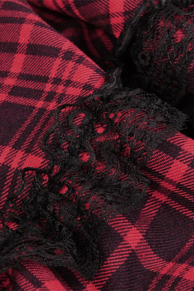 Crimson Punk Mini Dress with Plaid Layers and Lace Trim