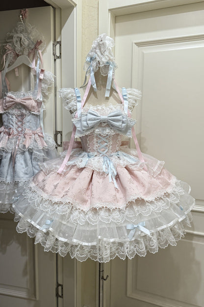 Blush Sleeveless Bow Lace Ballet JSK with Ruffles