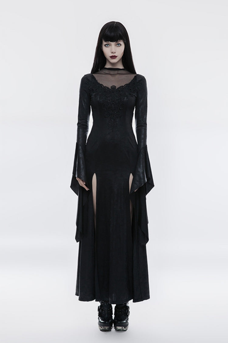 Ebony Flared-Sleeve Embroidered Elegant Cross Gothic Dress