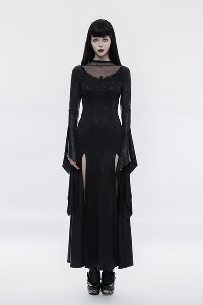 Ebony Flared-Sleeve Embroidered Elegant Cross Gothic Dress