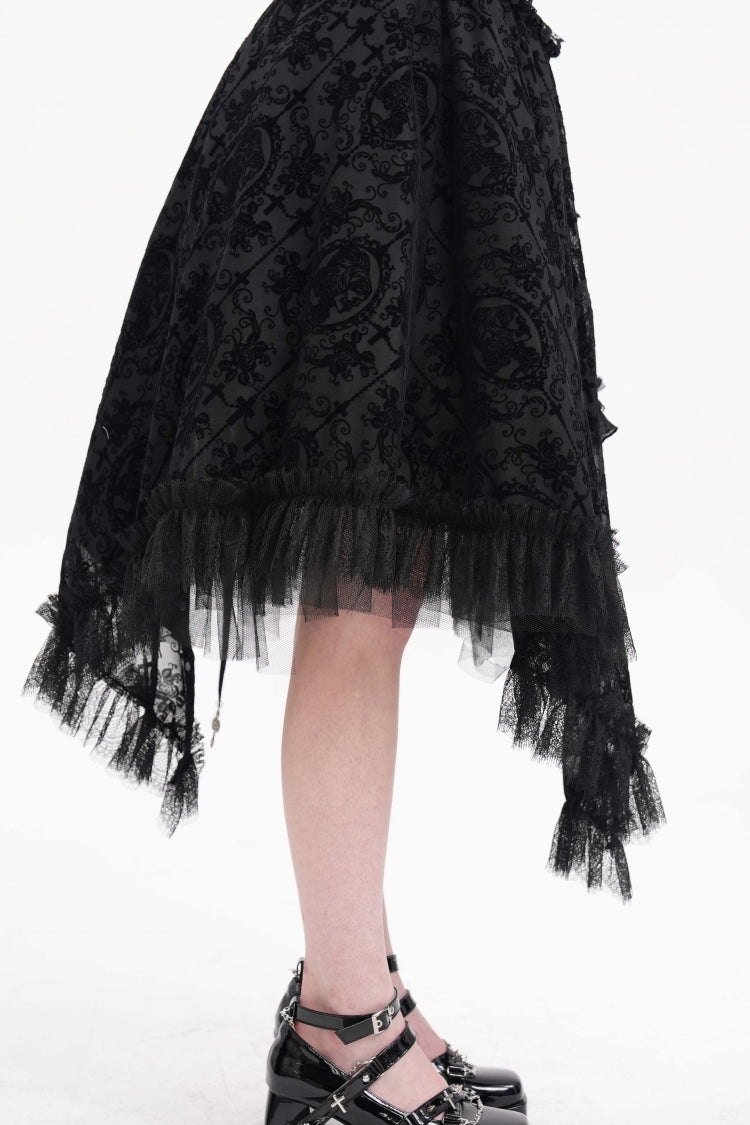 Gothic Luxurious Asymmetric Pleated Skirt with Black Jacquard Cut-Out Lace