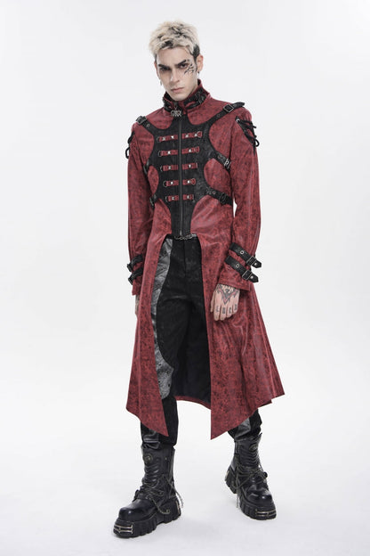 Crimson High-Neck Punk Hooded Jacket with Prints, Studs, and Zippers