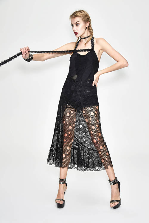Void Halterneck Peplum Dress with Mesh Cutouts