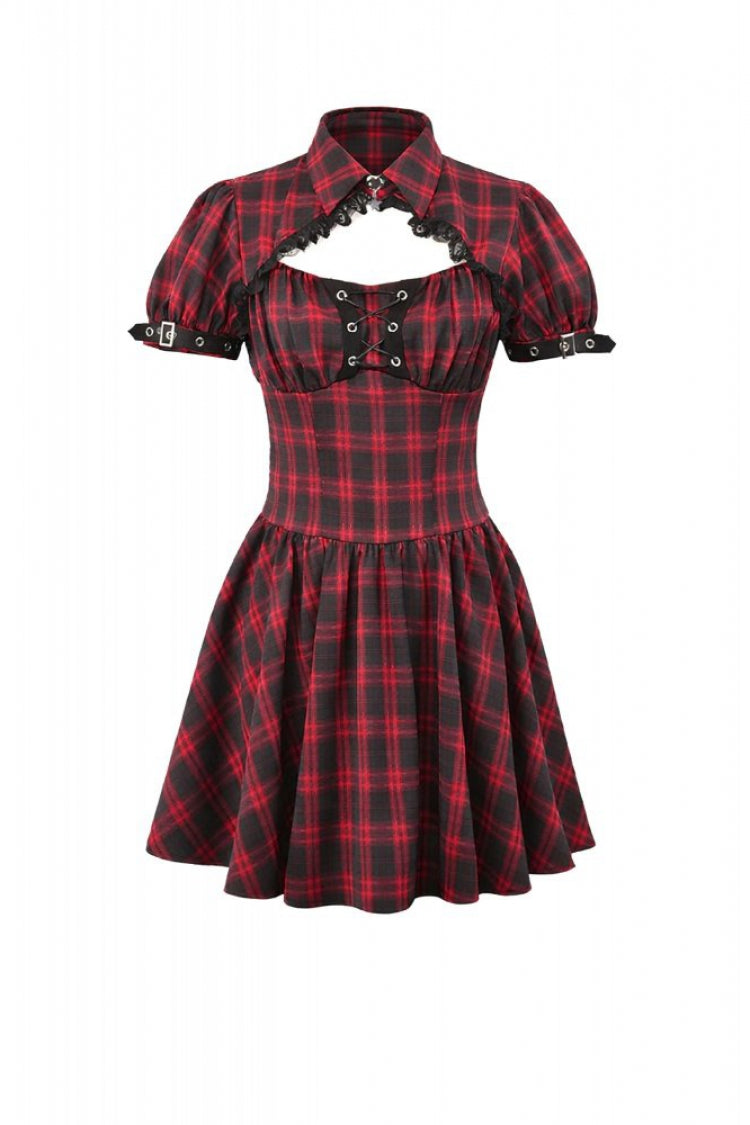 Crimson & Charcoal Tartan Notch Collar Cutout Short Sleeve Laced Punk Retro Mini Dress