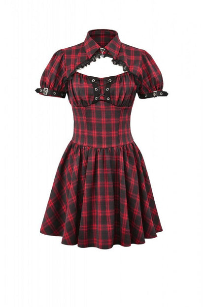 Crimson & Charcoal Tartan Notch Collar Cutout Short Sleeve Laced Punk Retro Mini Dress