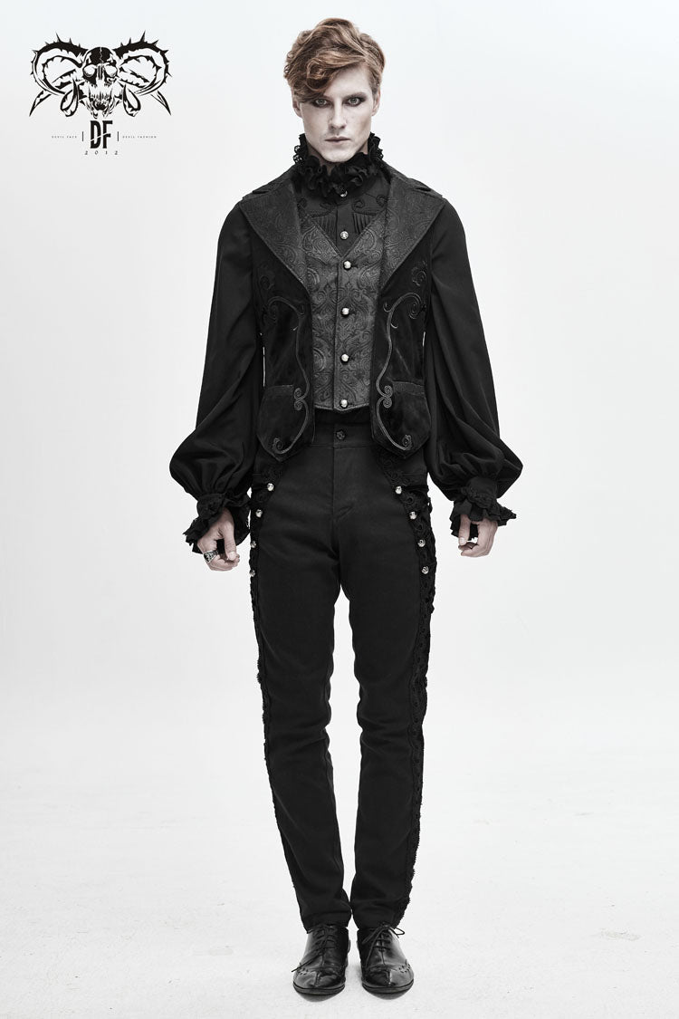 Men's Gothic Waistcoat with Leather Embroidery and Swallow Tail Hem