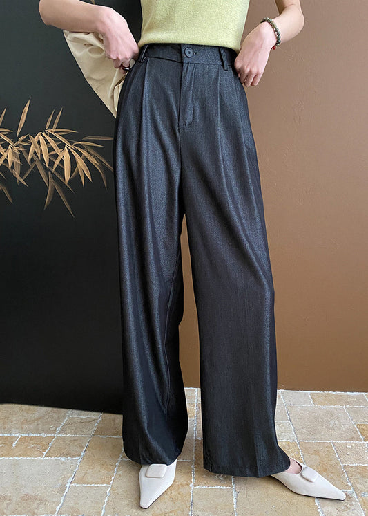 Casual Black Pockets Cotton Wide Leg Pants Summer WD003