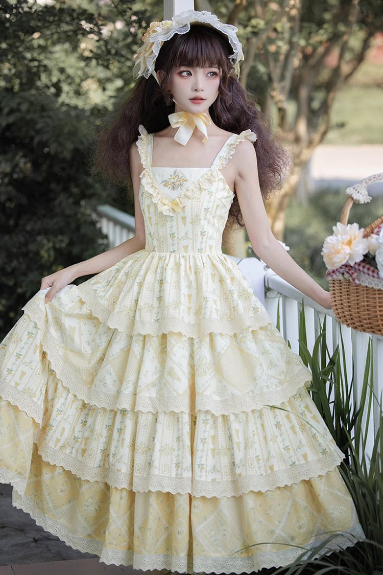 Multi-Layer Sunflower Print Ruffle Embroidery Chinese Sweet JSK