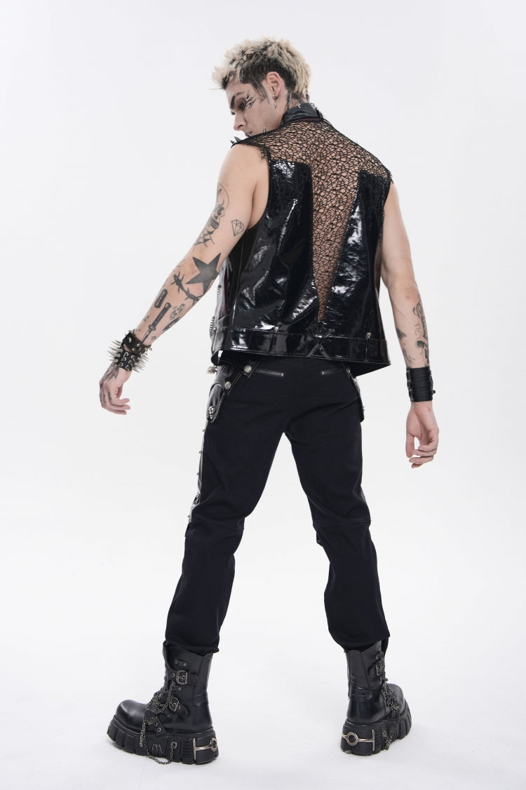 Men's Black Punk Vest, Spliced Mesh with Studs, Zippers and Eyelets