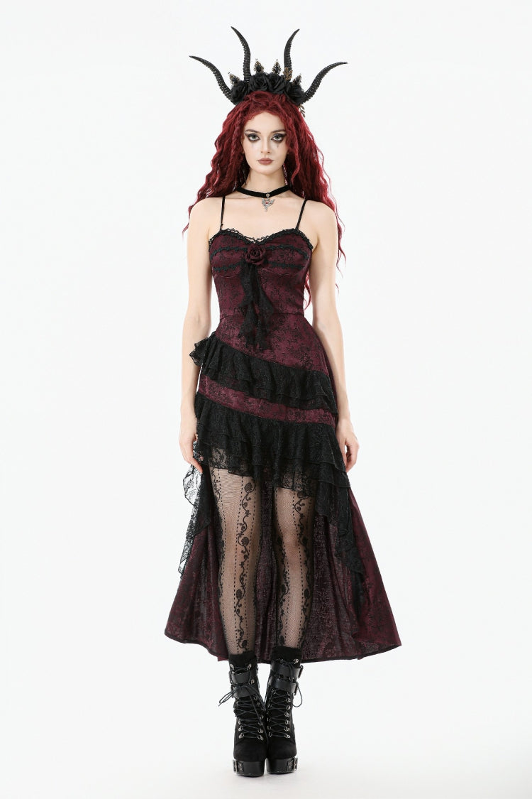 Crimson & Charcoal Rose Layered Tulle Ruffled Goth Evening Gown