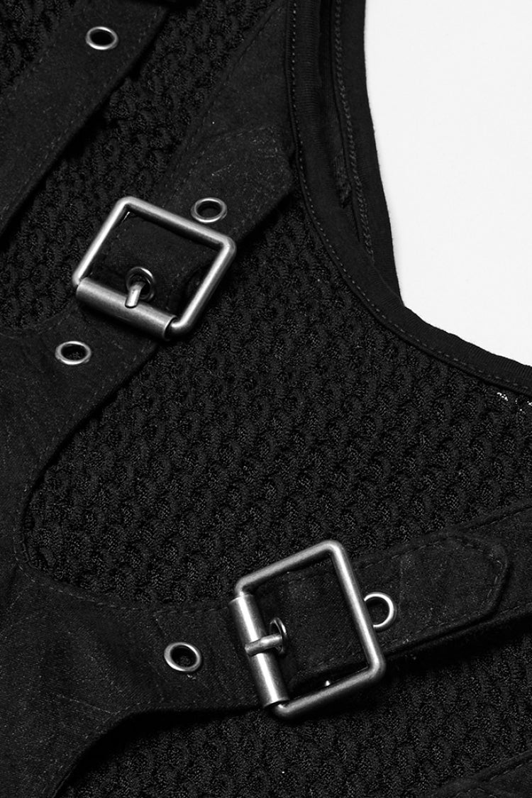 Women's Black Punk Vest, Mesh with Buckle and Stitched Collar