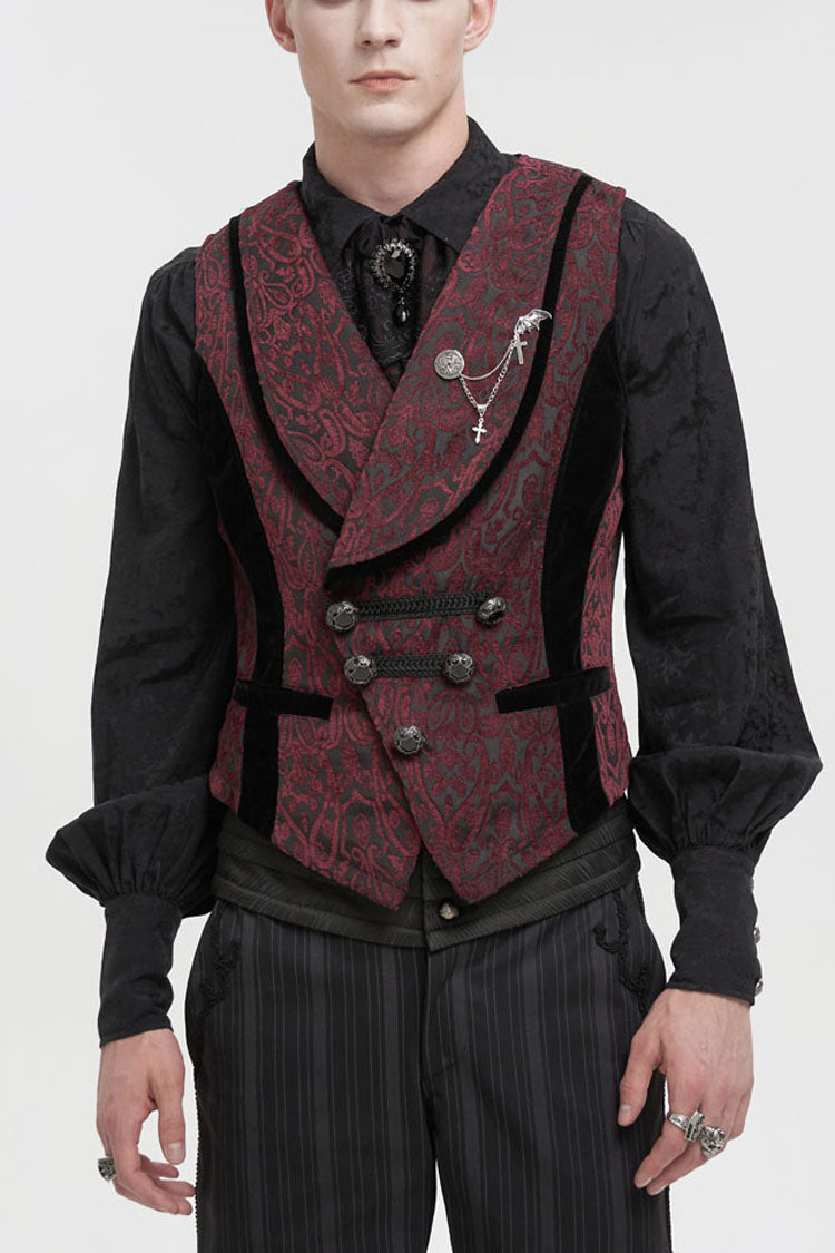 Crimson Slim Retro Gothic Vest with Jacquard and Metal Chain
