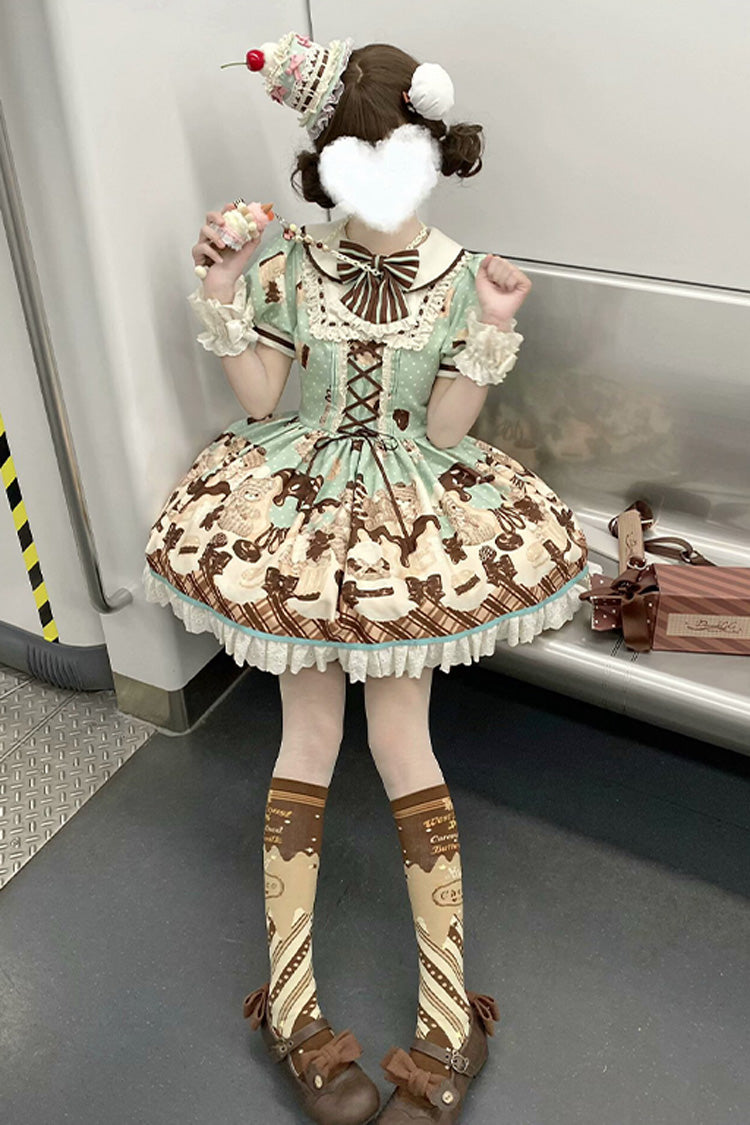 Peppermint Chocolate Cake Bear Print Lace-Up Lolita Dress with Bow - Sweet