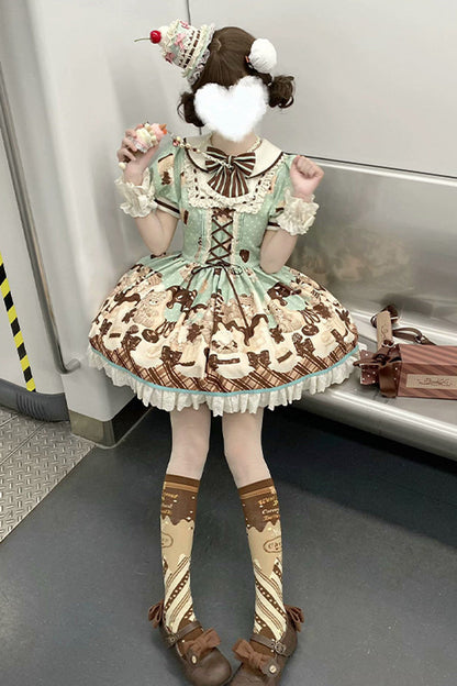 Peppermint Chocolate Cake Bear Print Lace-Up Lolita Dress with Bow - Sweet