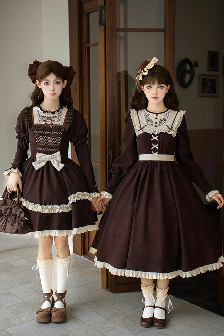 Rustic Brown Double Ruffle Bow Embroidered Sweet Lolita Mini Dress - Miss Brown